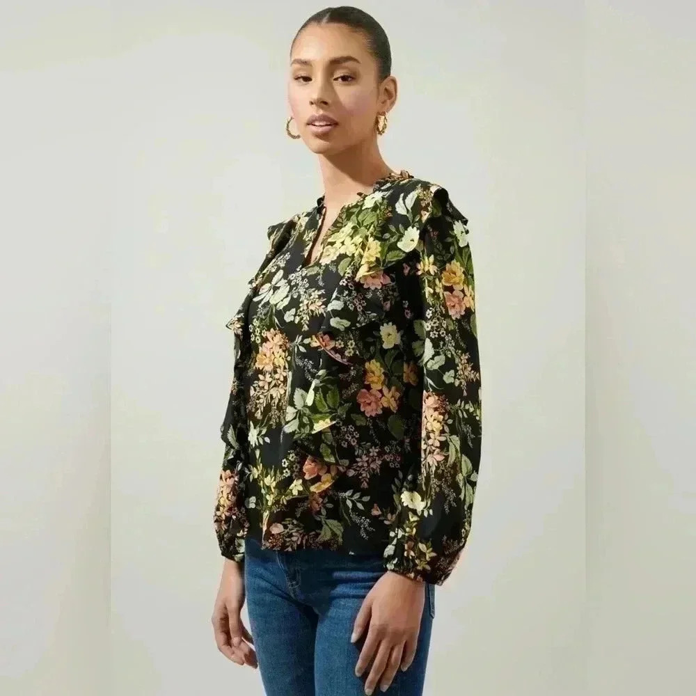 Sugarlips Night Bloom Wilhem Ruffle Blouse - Black Multi - Picture 3 of 10